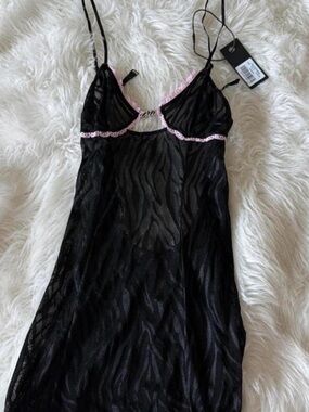 I am Gia Black Sheer Lace slip dress with Pink Trim